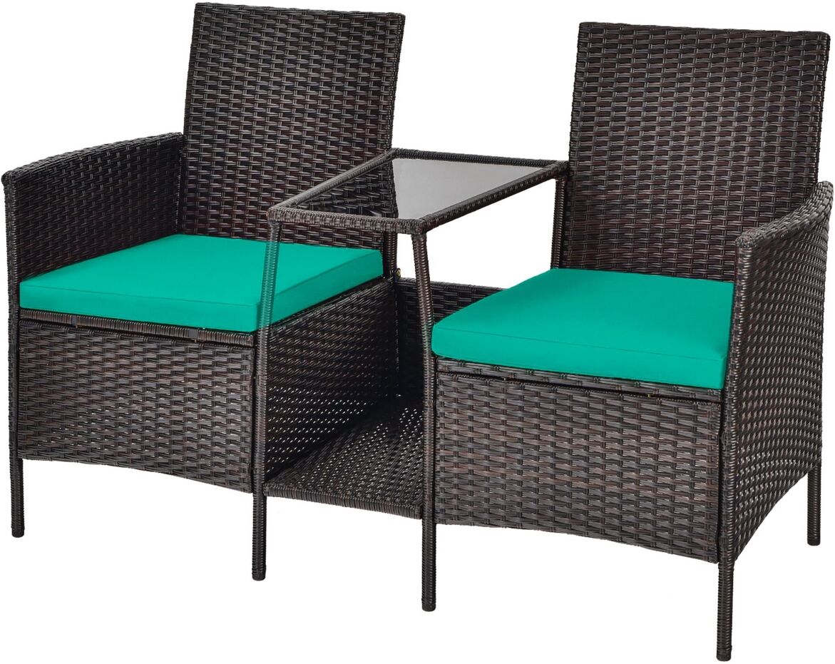 Costway Patio Rattan Wicker Conversation Set Sofa Cushioned Loveseat Glass Table - Turquoise/