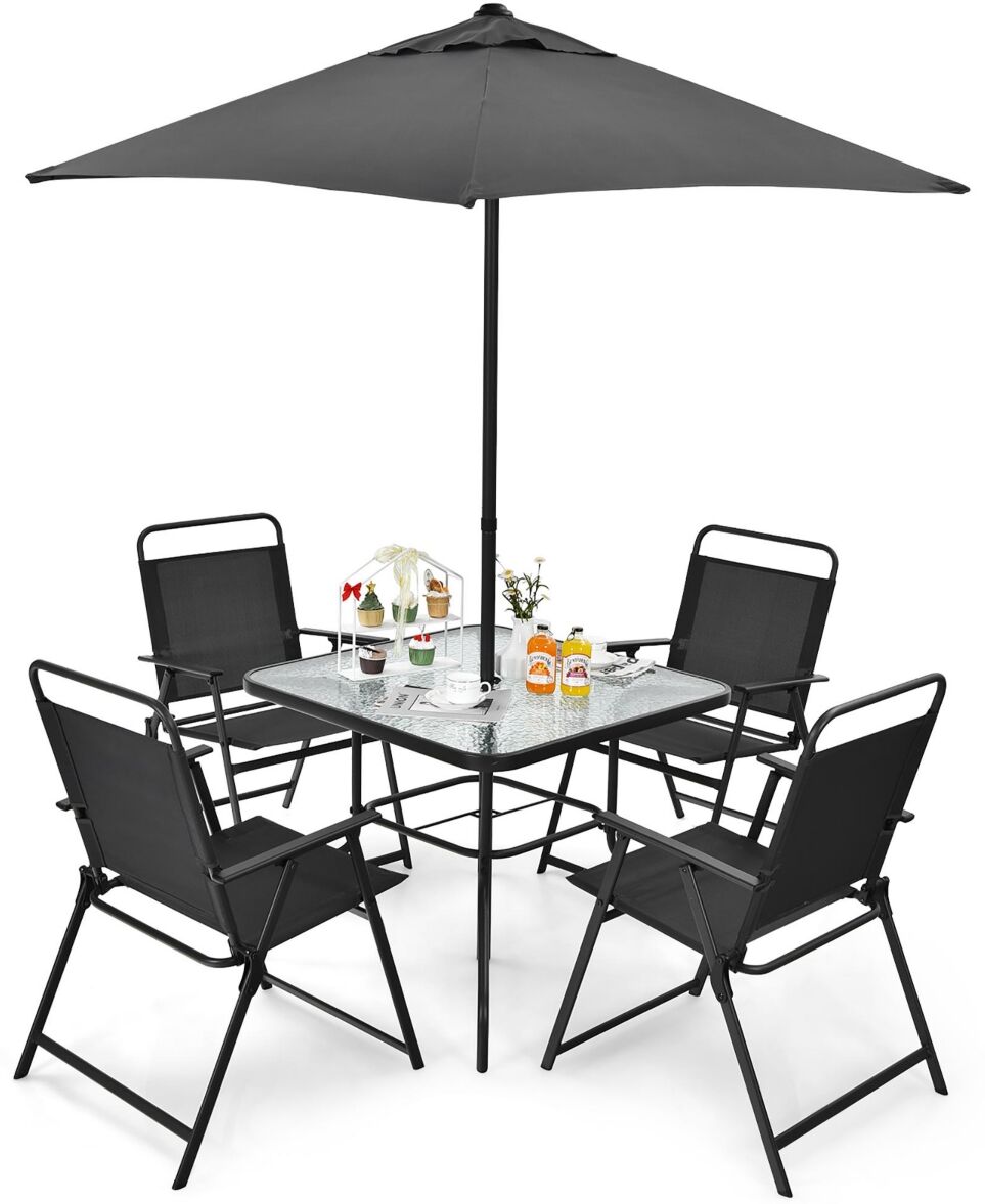 Costway 6PCS Patio Furniture Dining Set Folding Chairs Glass Table W/Umbrella Deck - Grey