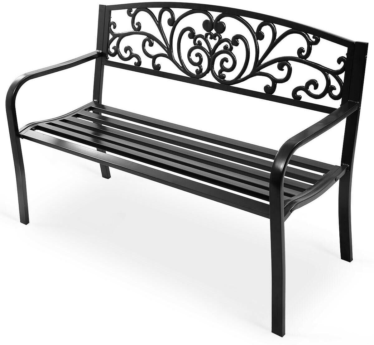 Costway 50'' Patio Park Garden Bench Porch Chair Steel Frame Cast Iron Backrest - Black