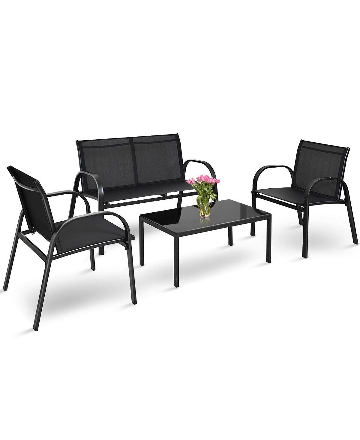 Costway 4 Pcs Patio Furniture Set Sofa Coffee Table Steel Frame Garden Deck - Black