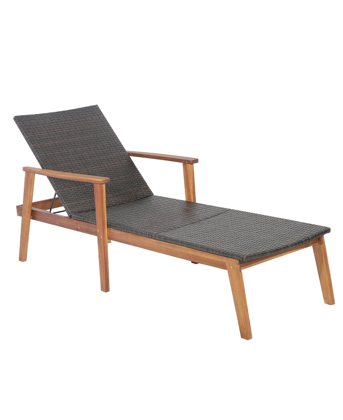 Costway Patio Rattan Chaise Lounge Chair Recliner Back Adjustable Acacia Wood Garden - Brown