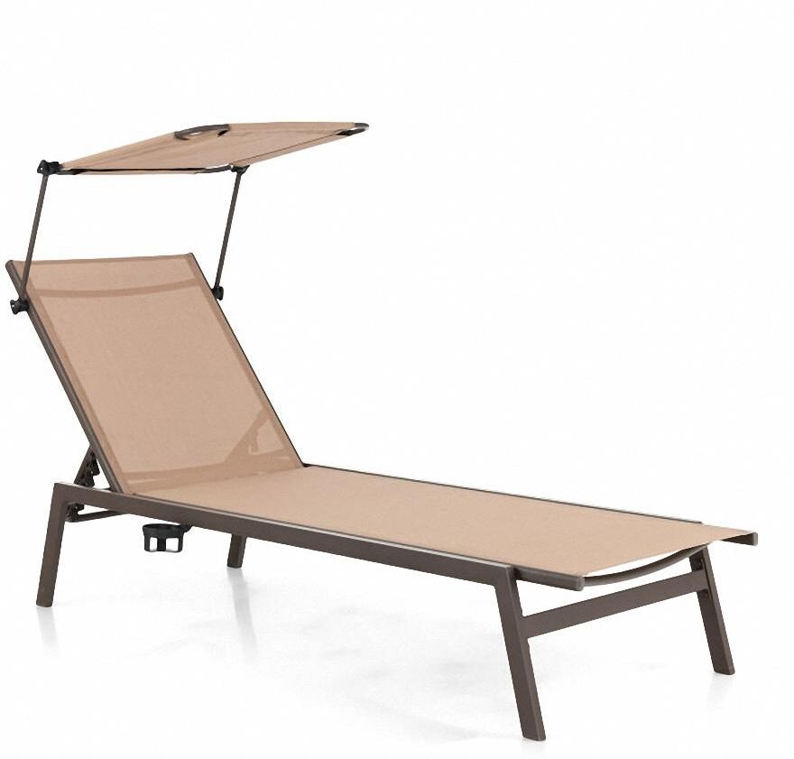 Sugift Outdoor Chaise Lounge Chair with Sunshade and 6 Adjustable Position-Brown - Dark Beige