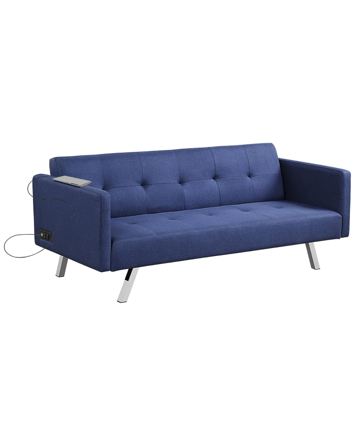 Costway Convertible Futon Sofa Bed Folding Recliner Usb Ports&Power Strip - Blue