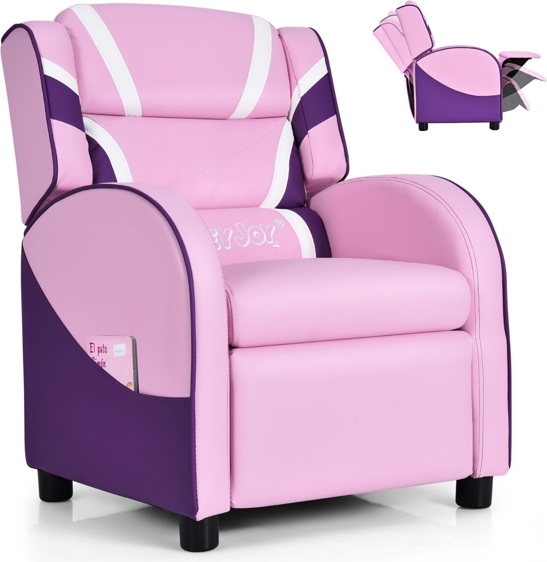 Costway Kids Recliner Chair Gaming Sofa Pu Leather Armchair w/Side Pockets - Pink