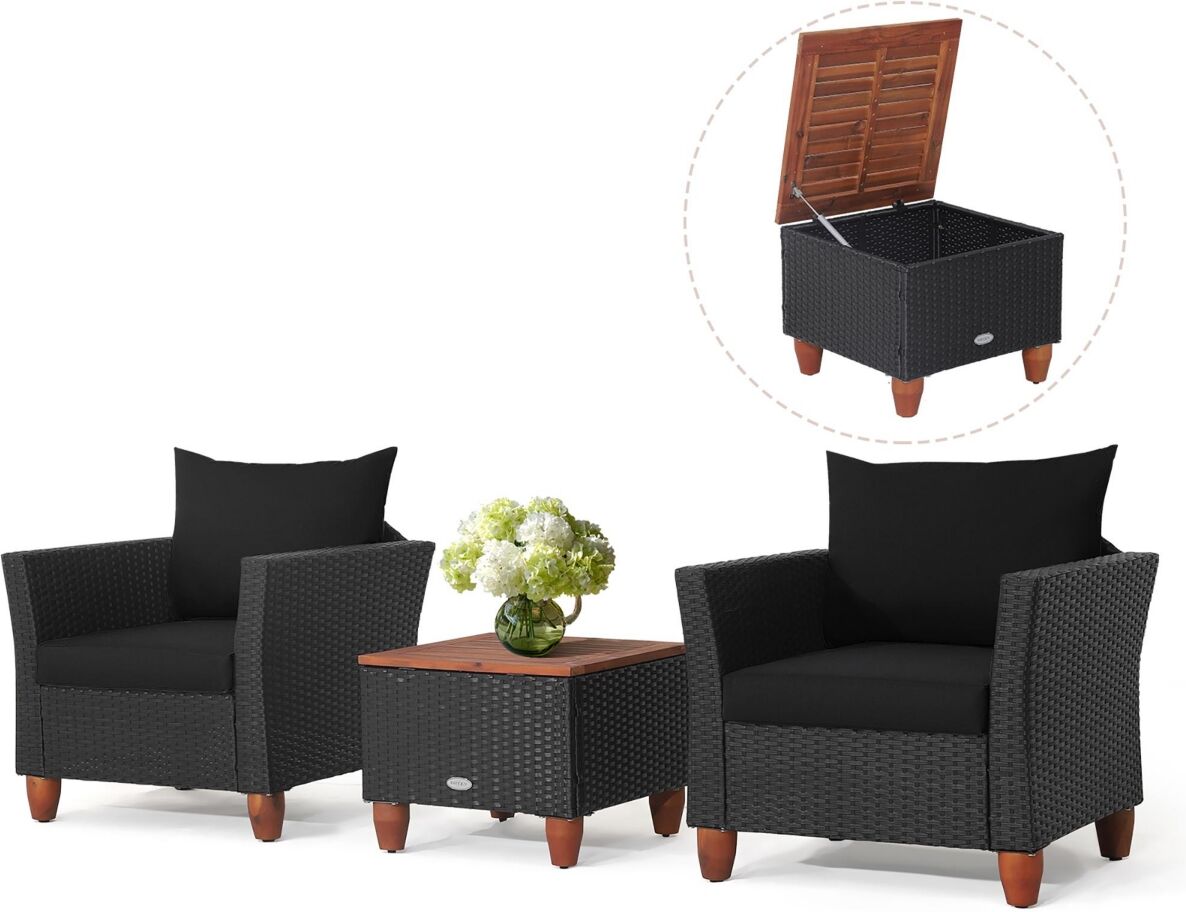 Costway 3PCS Patio Rattan Furniture Set Cushioned Sofa Storage Table with Wood Top - Black