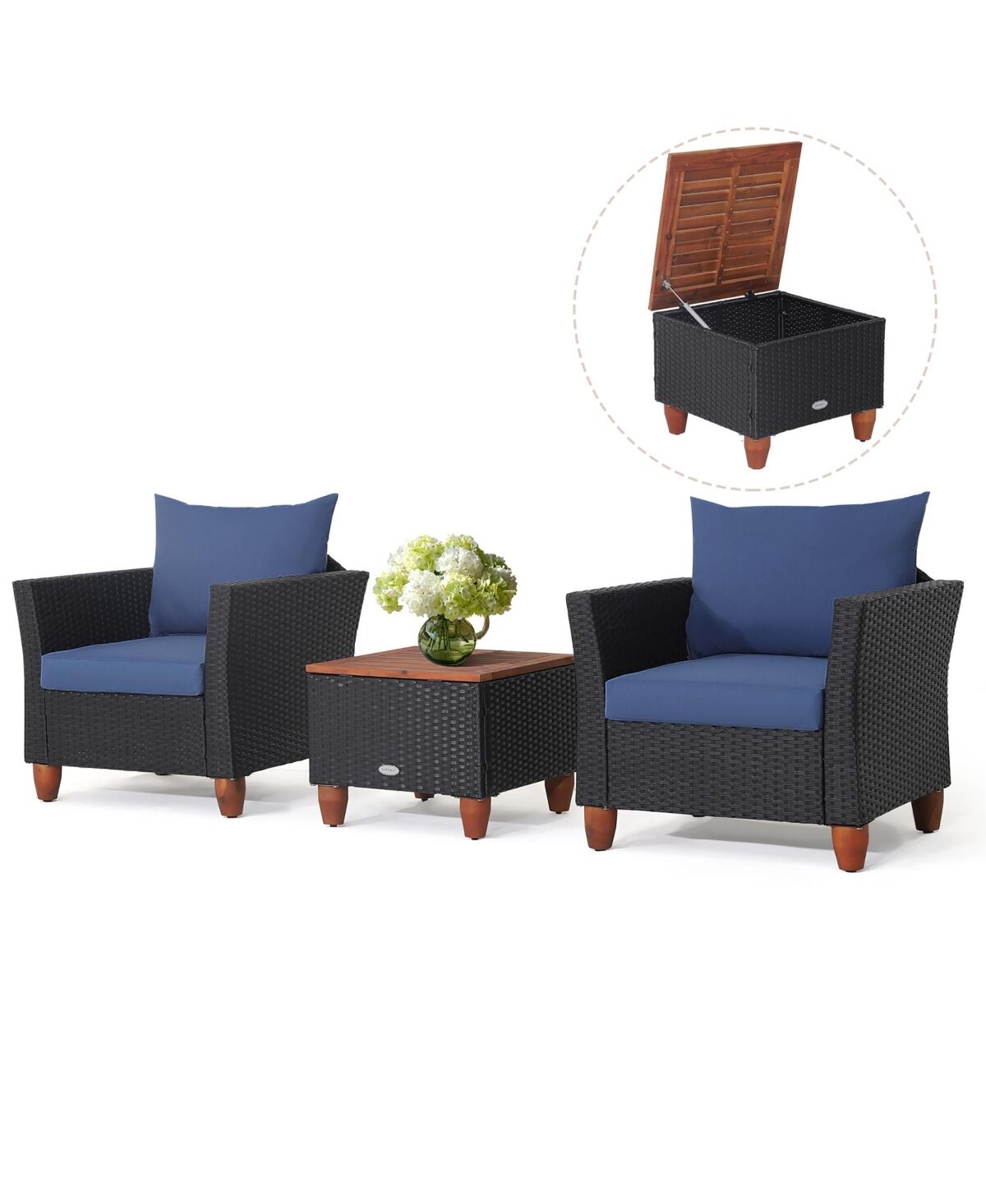Costway 3PCS Patio Rattan Furniture Set Cushioned Sofa Storage Table with Wood Top - Navy