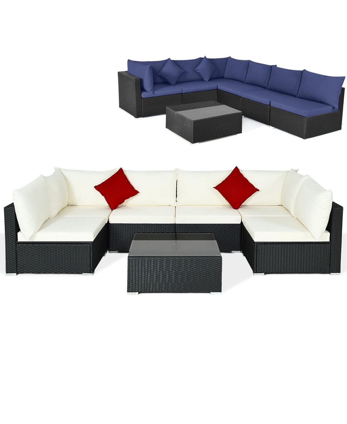 Costway 7PCS Patio Rattan Furniture Set Sectional Sofas Cushion Covers - Navy