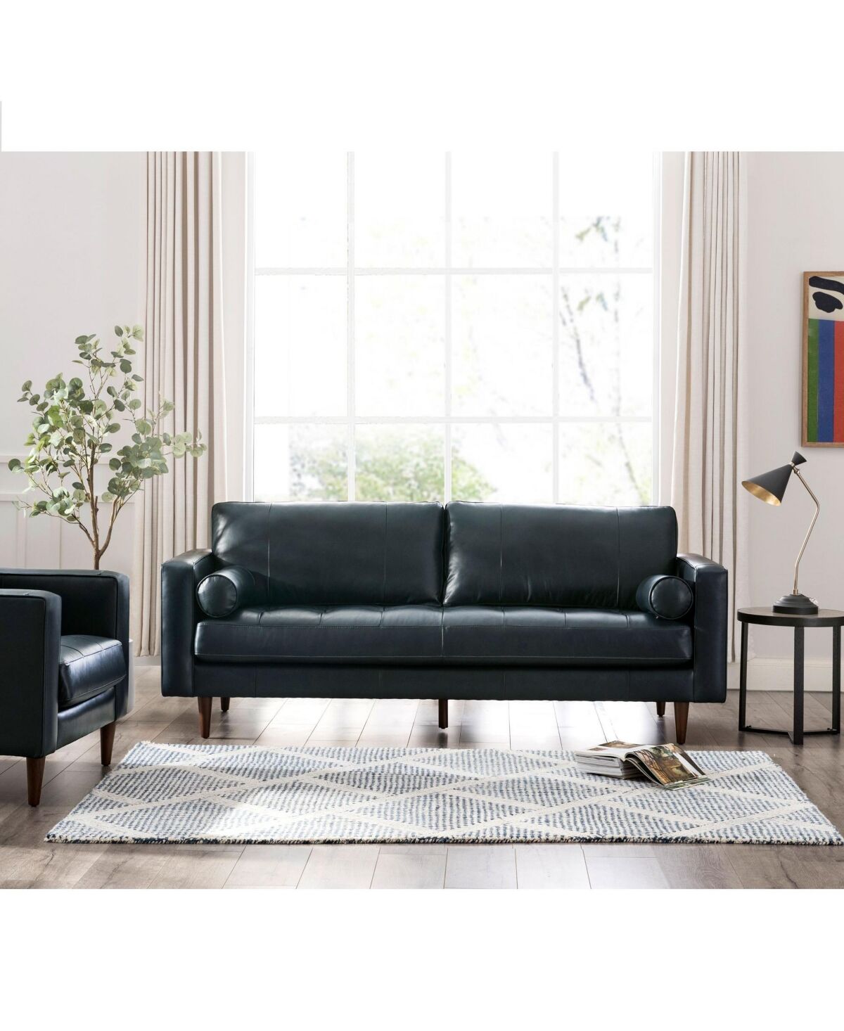 Nice Link Maebelle Leather Sofa with Tufted Seat And Back - Navy Blue