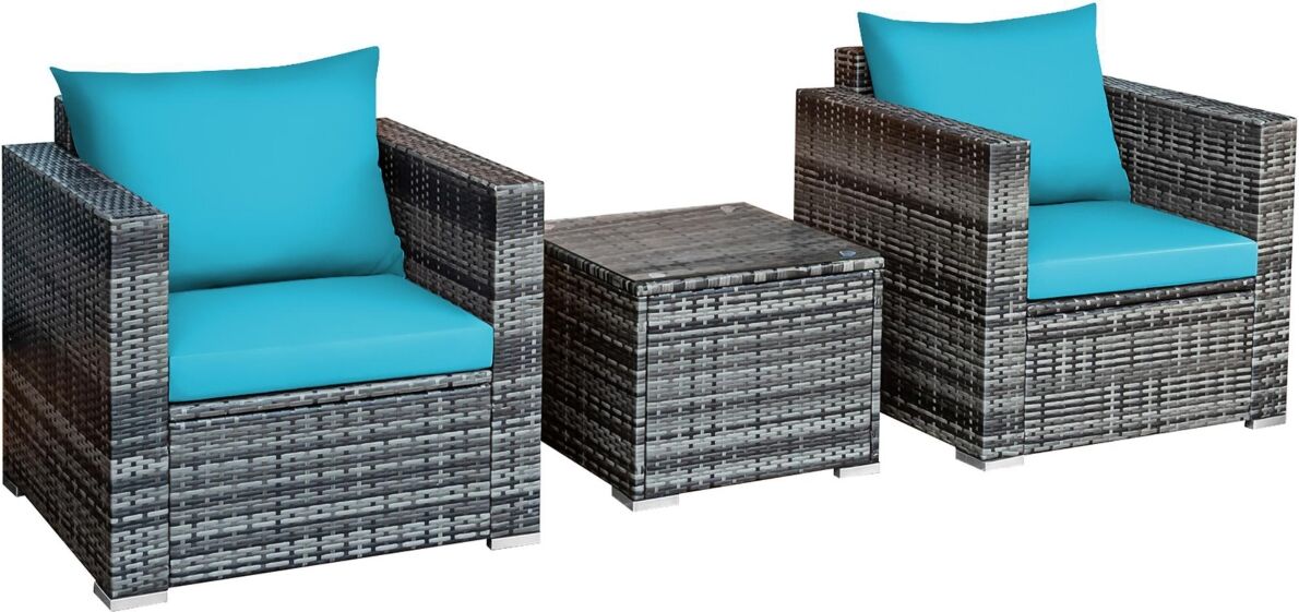 Costway 3 Pc Patio Rattan Furniture Bistro Set Cushioned Sofa Chair Table - Blue