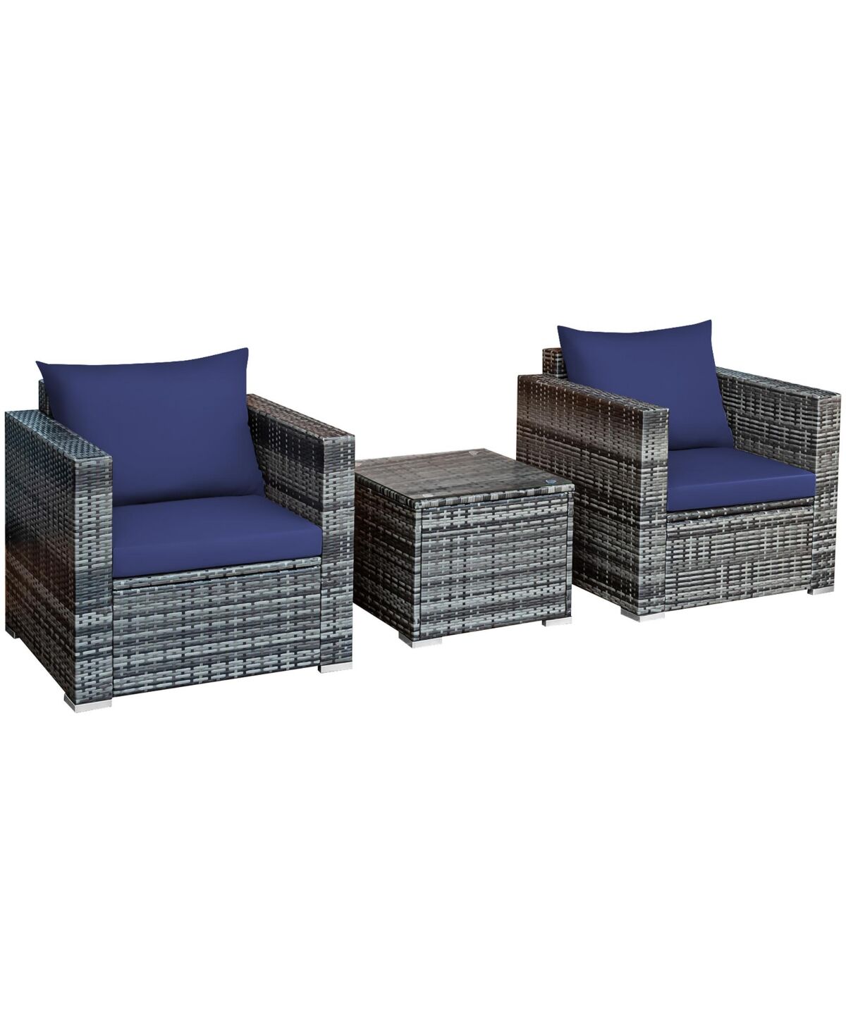 Costway 3 Pc Patio Rattan Furniture Bistro Set Cushioned Sofa Chair Table - Navy