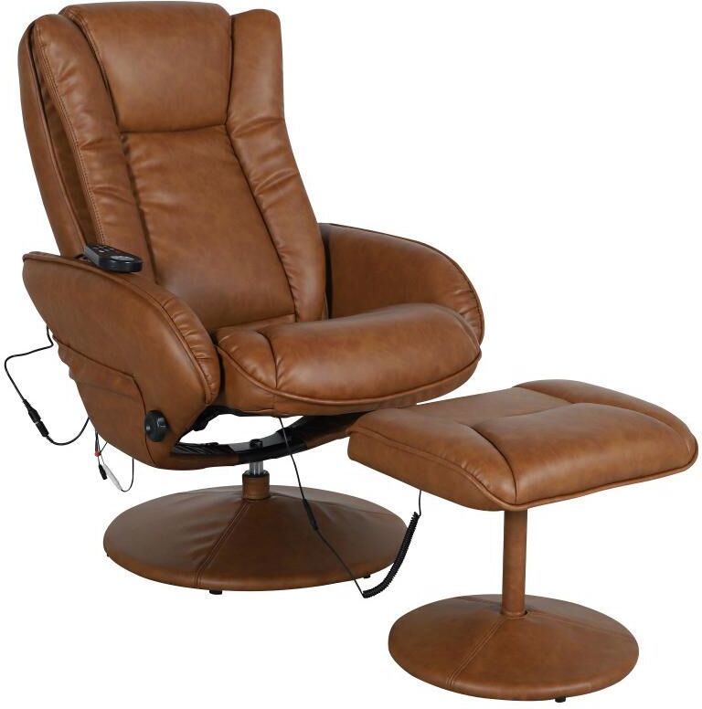 Emma+Oliver Massaging Multi-Position Plush Recliner With Side Pocket And Ottoman - Brown