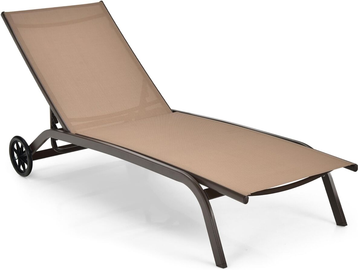 Costway Patio Lounge Chair Chaise Adjustable Back Recliner Garden W/Wheel - Brown