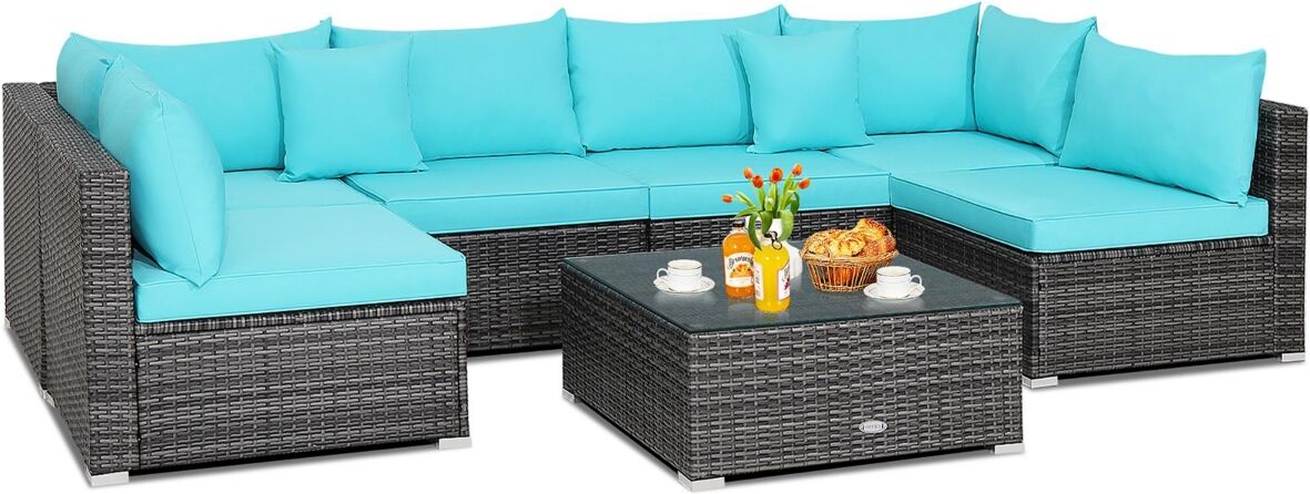 Costway 7PCS Patio Rattan Furniture Set Sectional Sofa Cushioned Garden - Turquoise