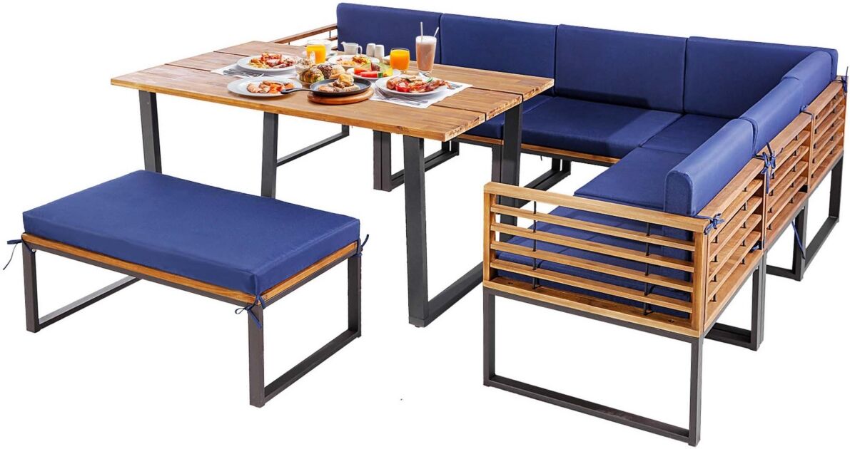 Costway 8pcs Patio Acacia Wood Dining Table & Ottoman Sofa Chair Set Outdoor Furniture - Navy