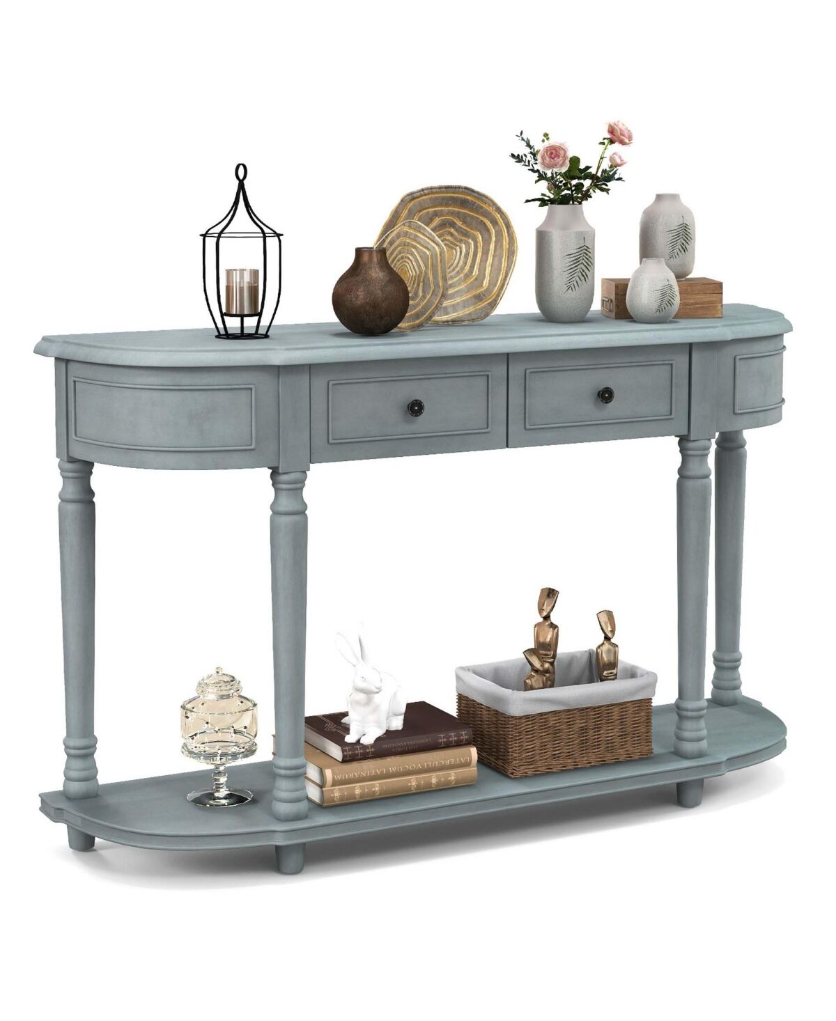 Costway 52'' Long Sofa Table with 2 Drawers & Open Shelf Retro Console Table with Storage - Blue