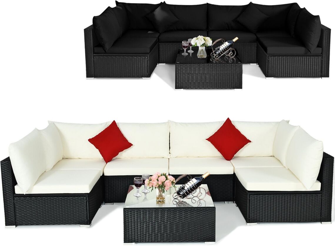 Costway 7PCS Patio Rattan Furniture Set Sectional Sofas Cushion Covers - Black