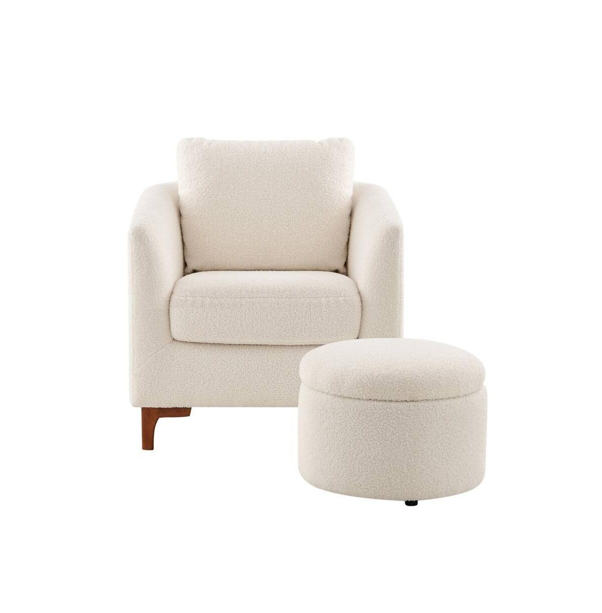 Colamy Sherpa Accent Chair with Storage Ottoman Set, Upholstered Barrel Club Arm Chair with Footrest, Modern Living Room Chair with Back Pillow and Wooden Le