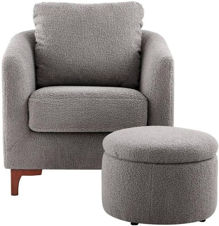 Colamy Sherpa Accent Chair with Storage Ottoman Set, Upholstered Barrel Club Arm Chair with Footrest, Modern Living Room Chair with Back Pillow and Wooden Le