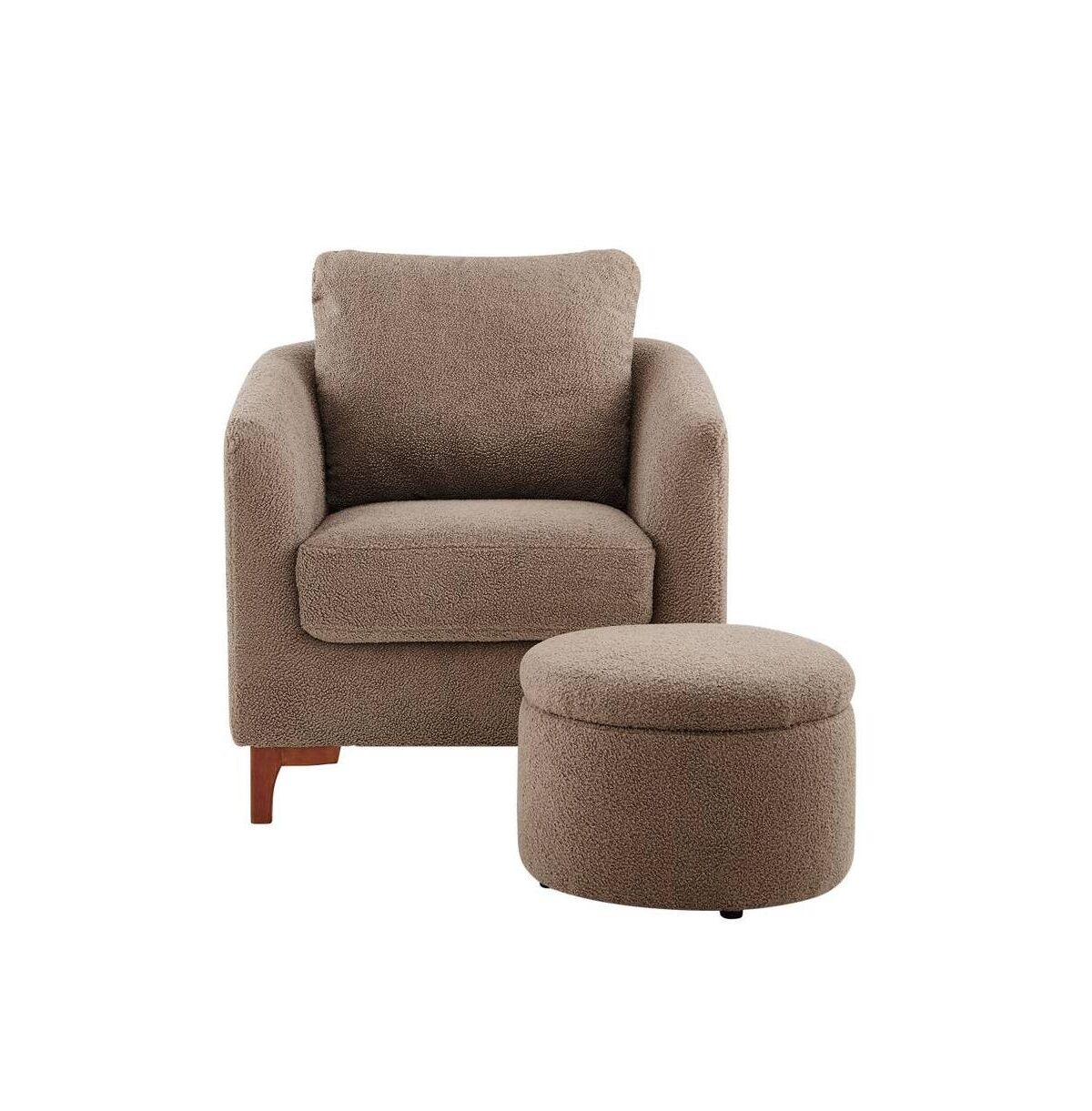 Colamy Sherpa Accent Chair with Storage Ottoman Set, Upholstered Barrel Club Arm Chair with Footrest, Modern Living Room Chair with Back Pillow and Wooden Le