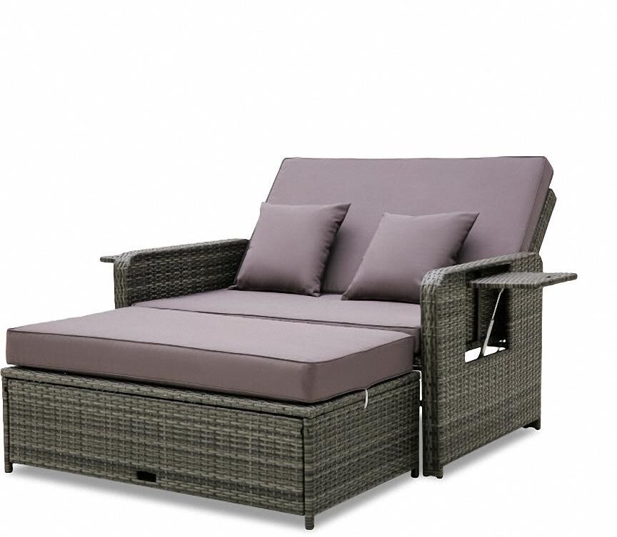 Sugift Wicker Loveseat Sofa with Multipurpose Ottoman and Retractable Side Tray-Gray - Grey