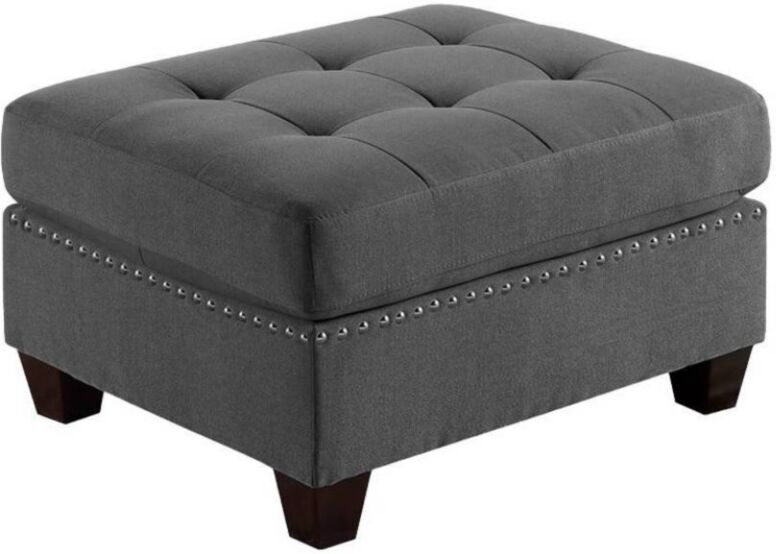 Simplie Fun Living Room Furniture Tufted Ottoman Grey Linen Like Fabric 1pc Ottoman Cushion Nail heads Wooden Legs - Grey