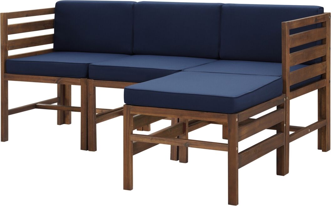 Walker Edison 4 Piece Modular Acacia Set with Ottoman - Dark Brown, Navy Blue