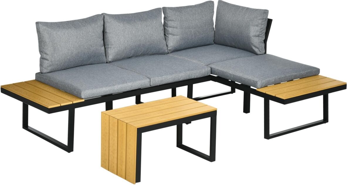 Outsunny 3 Piece Patio Furniture Set, Outdoor Sofa Set with Chaise Lounge & Loveseat, Soft Cushions, Woodgrain Plastic Table, L-Shaped Sectional Couch