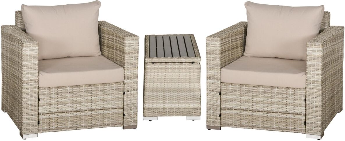 Outsunny 3-Piece Pe Rattan Wicker Sofa Sets Outdoor Armchair Sofa Furniture Set w/ Plastic Wood Grain Side Table and Washable Cushions, Grey - Grey