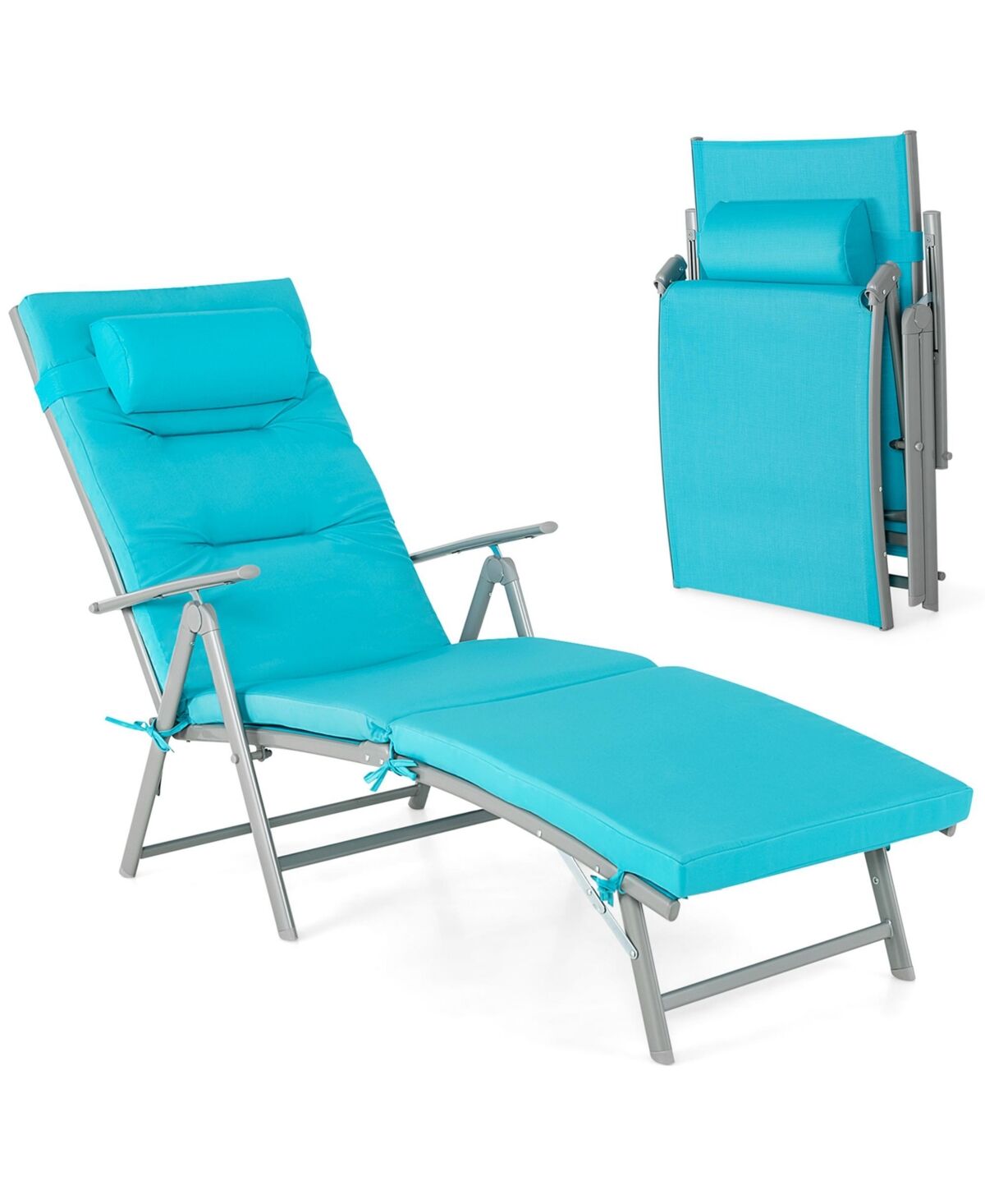 Costway Outdoor Folding Chaise Lounge Chair Recliner Cushion Pillow Adjustable - Turquoise