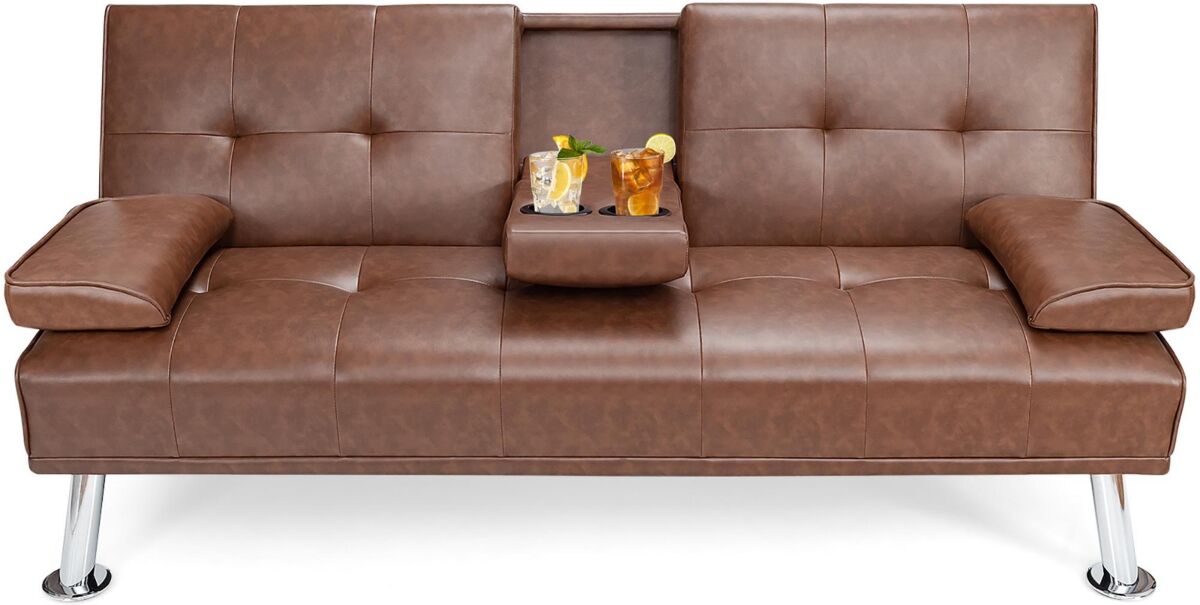 Costway Convertible Folding Futon Sofa Bed Leather - Brown