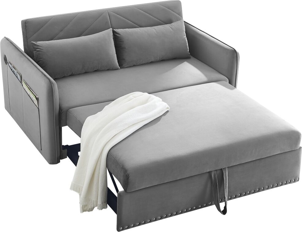 Simplie Fun Pull-out sofa sleeper, 3-in-1 adjustable sleeper with pull-out bed, 2 lumbar pillows and side pocket, soft velvet convertible sleeper sofa