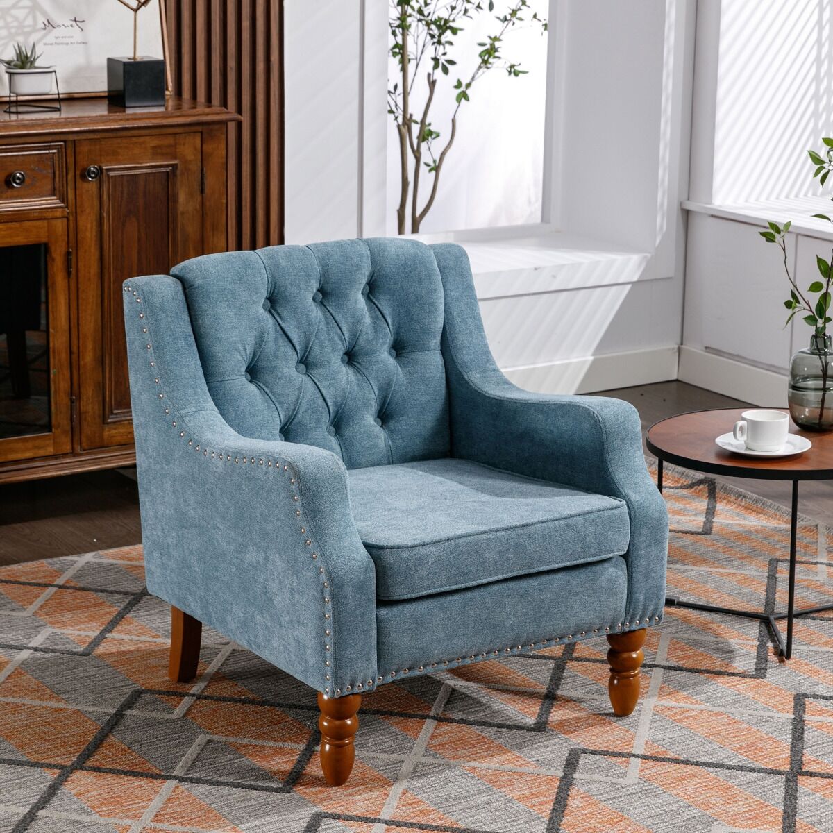 Simplie Fun Blue Accent Chair, Living Room Chair, Footrest Chair Set with Vintage like Brass Studs, Button Tufted Upholstered Armchair for Living Room, Comfy Read