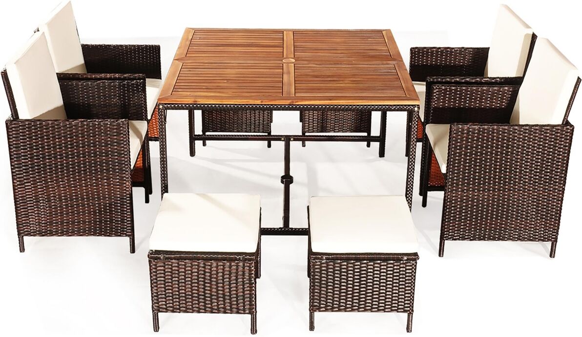 Costway 9PCS Patio Rattan Dining Set Cushioned Chairs Ottoman Wood Table Top - White