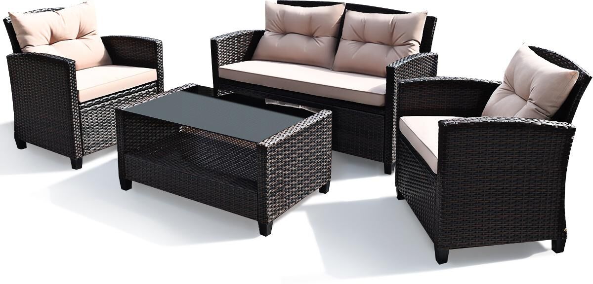 Costway 4PCS Outdoor Rattan Furniture Set Cushioned Sofa Armrest Table - Brown