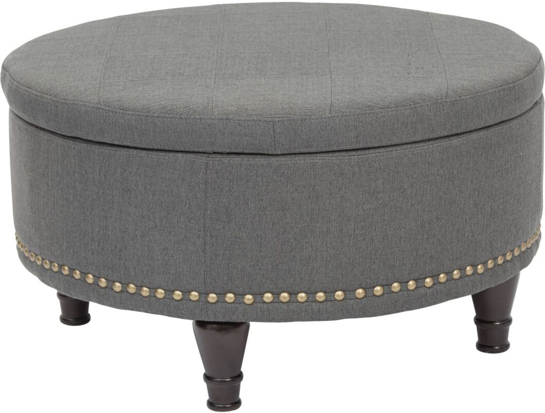 Office Star Augusta Round Storage Ottoman with Antique Bronze Nailheads - Gray