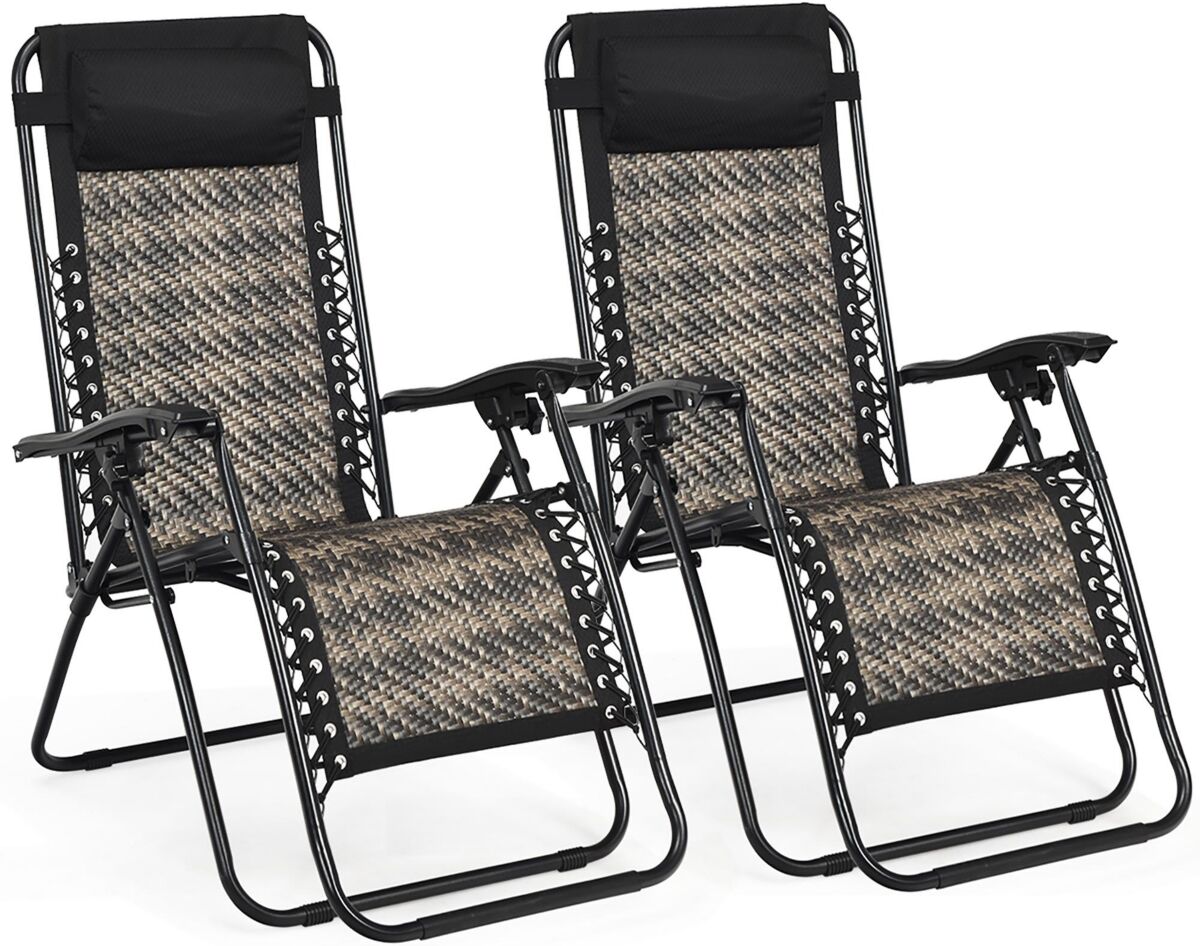 Costway 2PCS Patio Rattan Zero Gravity Lounge Chair Folding Recliner Headrest - Grey