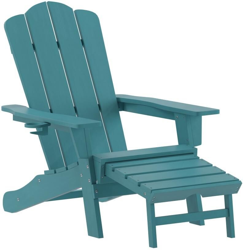 Merrick Lane Nassau Adirondack Chair With Cup Holder And Pull Out Ottoman, All-Weather Hdpe Indoor/Outdoor Lounge Chair - Blue