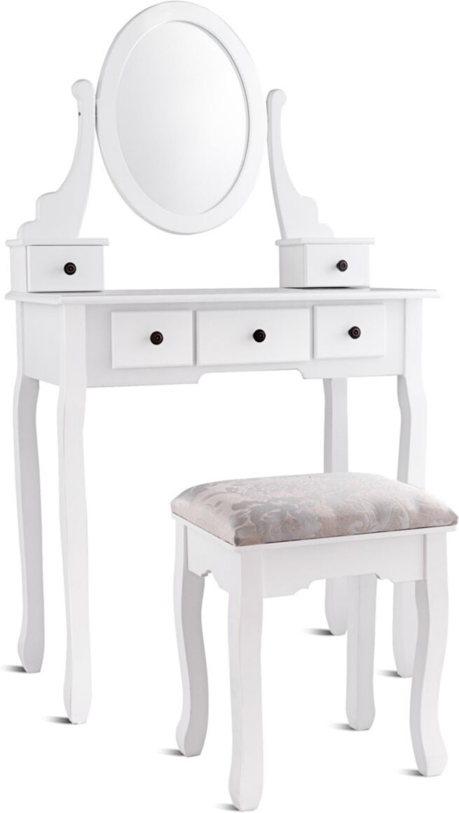 Costway Makeup Desk Vanity Dressing Table Oval Stool 5 Storage - White