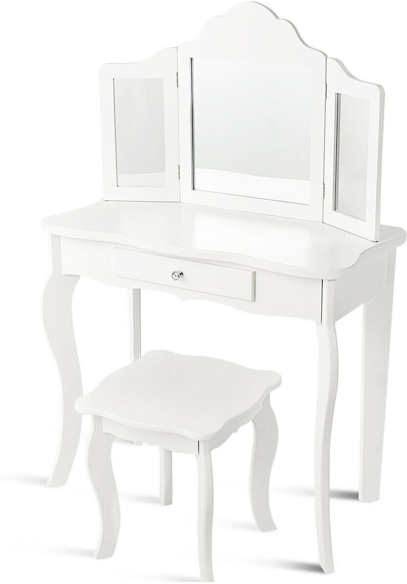 Costway Vanity Table Set Makeup Dressing Table Kids Stool Mirror - White