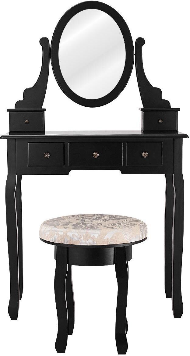 Costway Vanity Table Makeup Table Cushioned Mirror 5 Drawers Black - Black