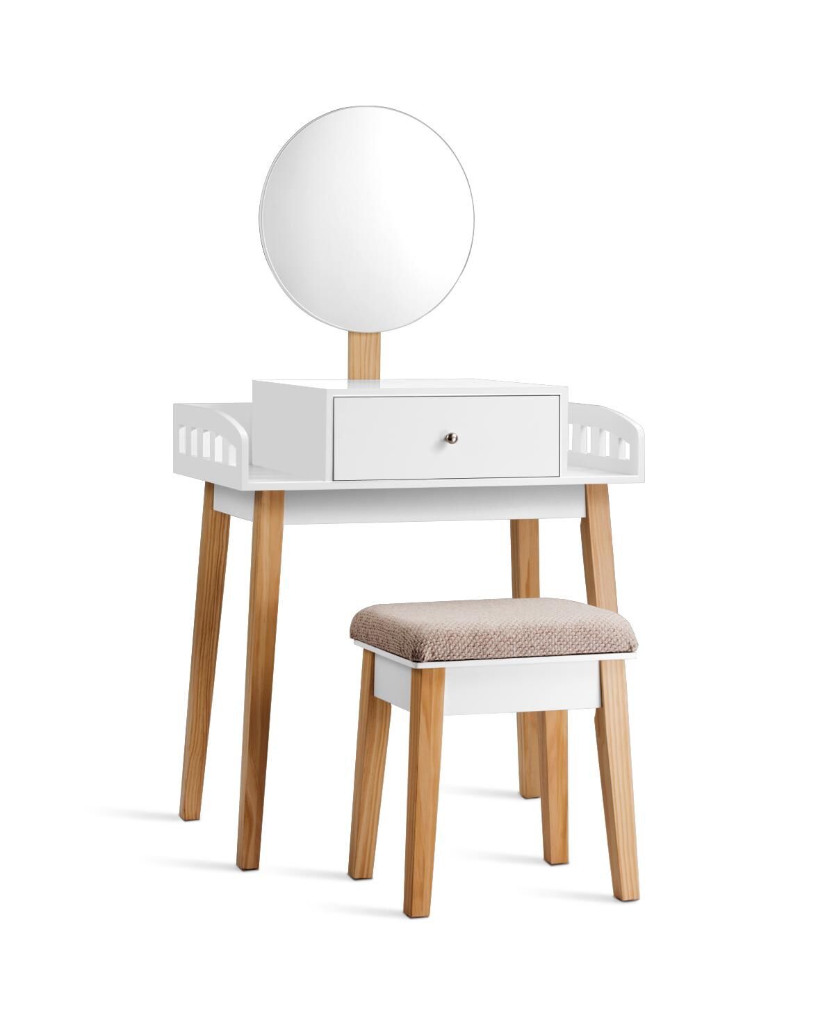 Costway Wooden Vanity Makeup Dressing Table Stool Round w/Drawer - White
