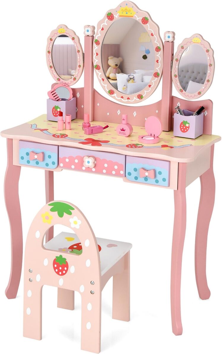 Costway Kids Vanity Princess Makeup Dressing Table Chair Set - Pink