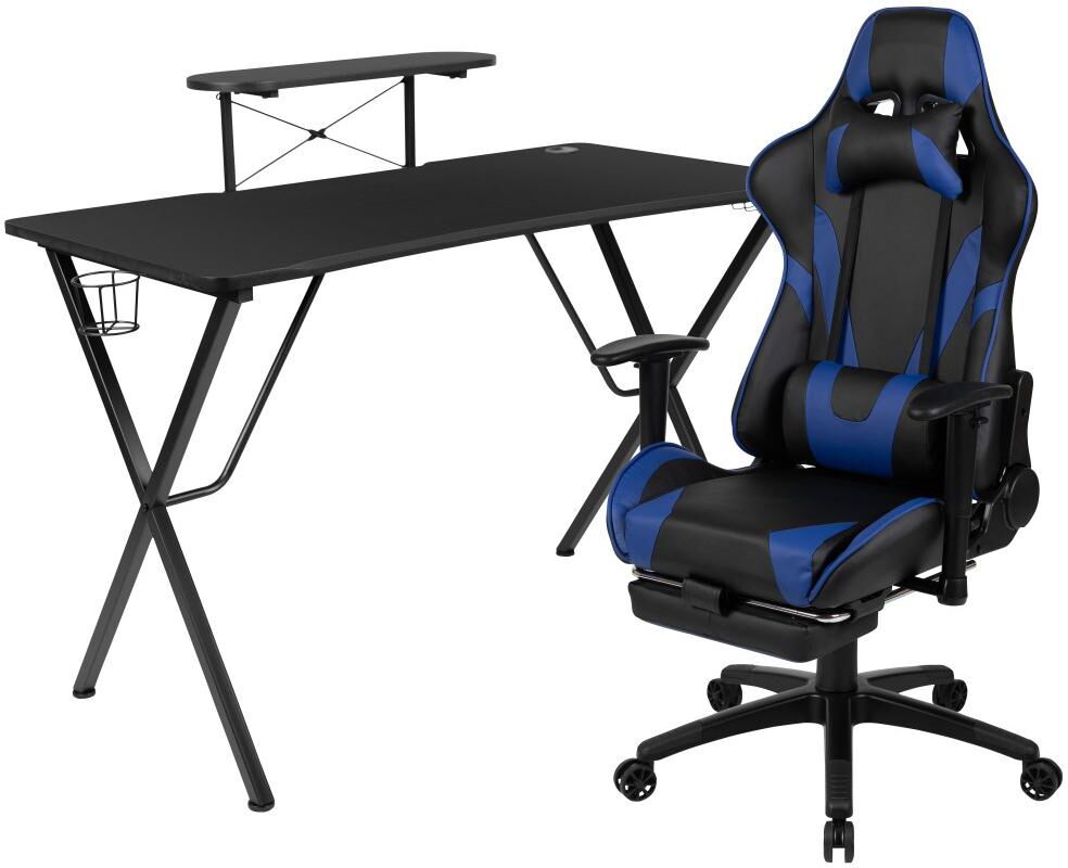 Emma+oliver Gaming Desk & Chair Set - Cup Holder, Headphone Hook, And Monitor Stand - Blue