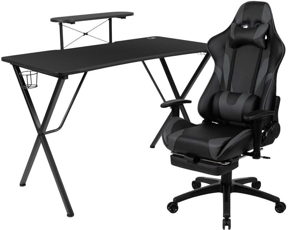 Emma+oliver Gaming Desk & Chair Set - Cup Holder, Headphone Hook, And Monitor Stand - Gray