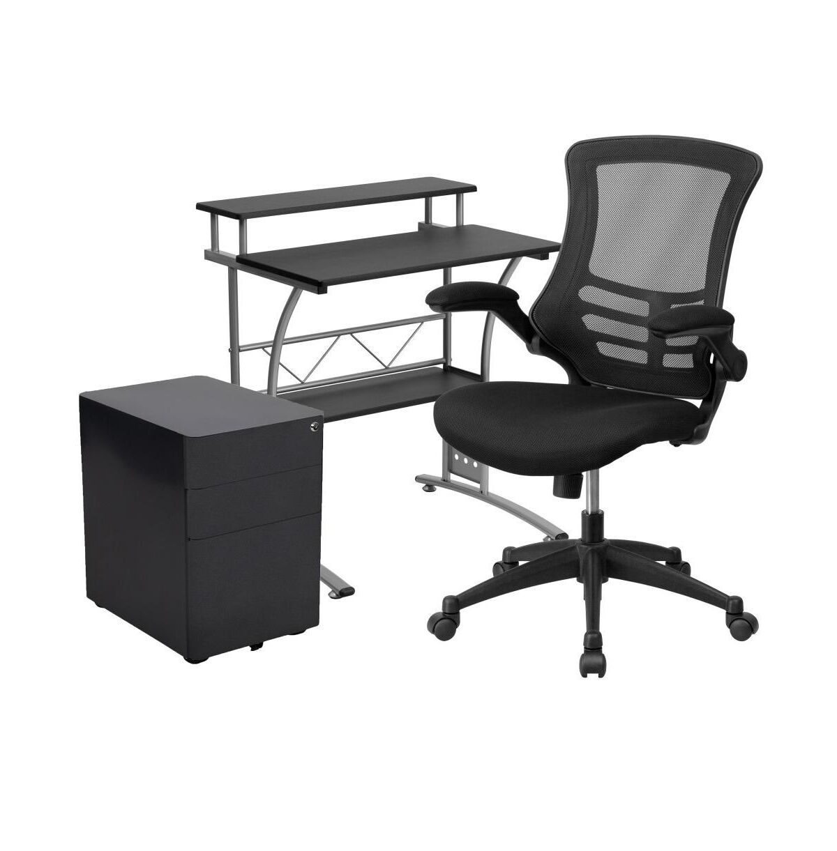 Emma+oliver Work From Home Kit-Computer Desk, Ergonomic Office Chair, Mobile Filing Cabinet - Black