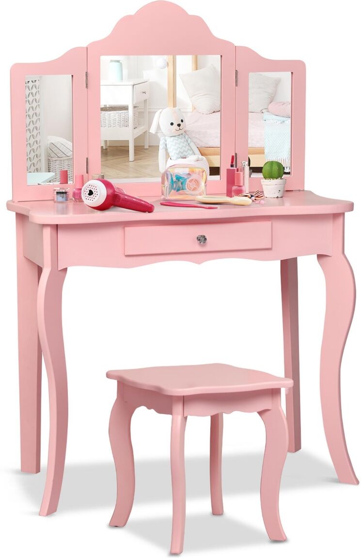 Costway Vanity Table Set Makeup Dressing Table Kids Stool Mirror - Pink