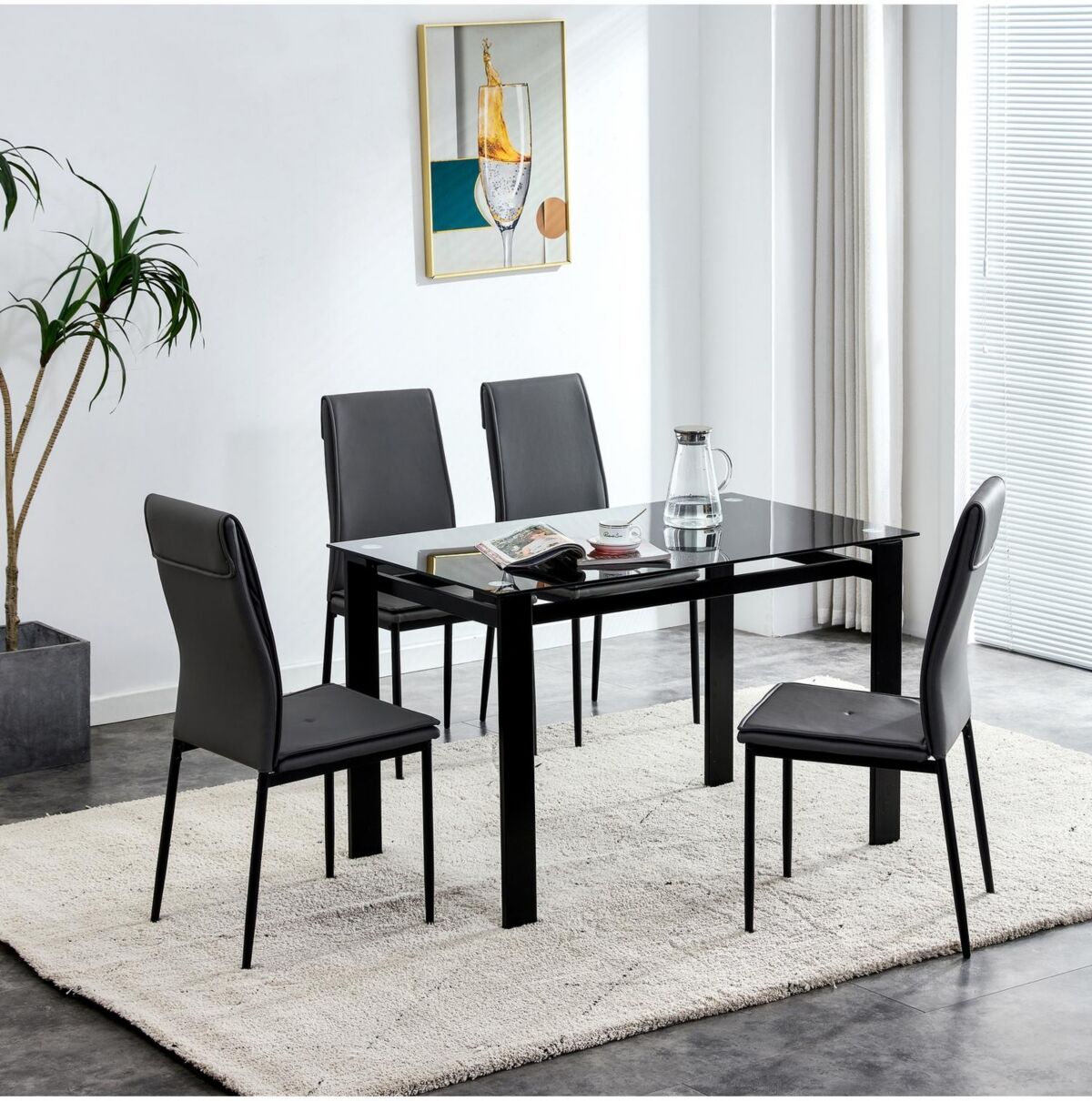 Simplie Fun 5 Pieces Dining Table Set for 4, Kitchen Room Tempered Glass Dining Table, 4 Pu Leather Chairs, Black - Black