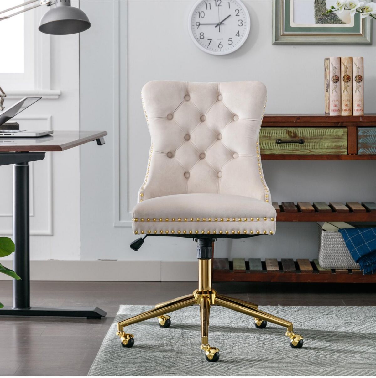 Simplie Fun A&A Furniture Office Chair,Velvet Upholstered Tufted Button Home Office Chair with Golden Metal Base,Adjustable Desk Chair Swivel Office Chair (Beige)