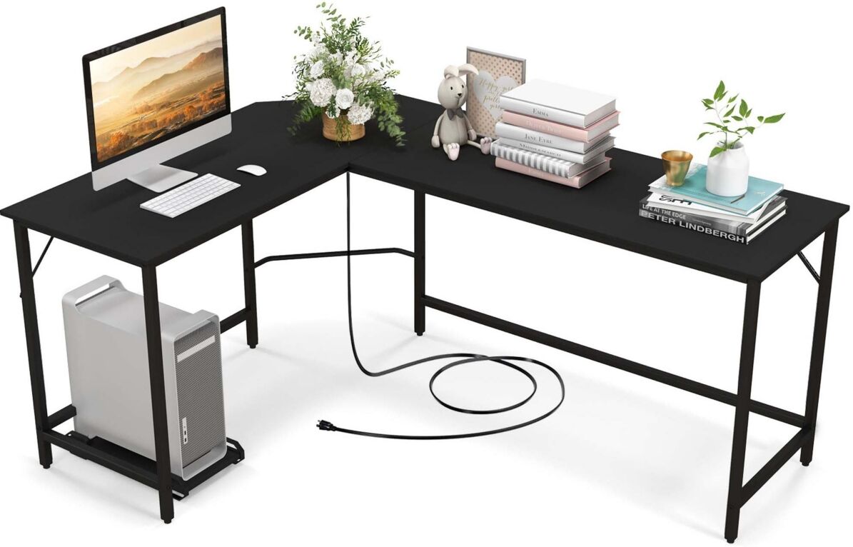 Costway L-shaped Gaming Desk Computer Desk with Cpu Stand Power Outlets - Black