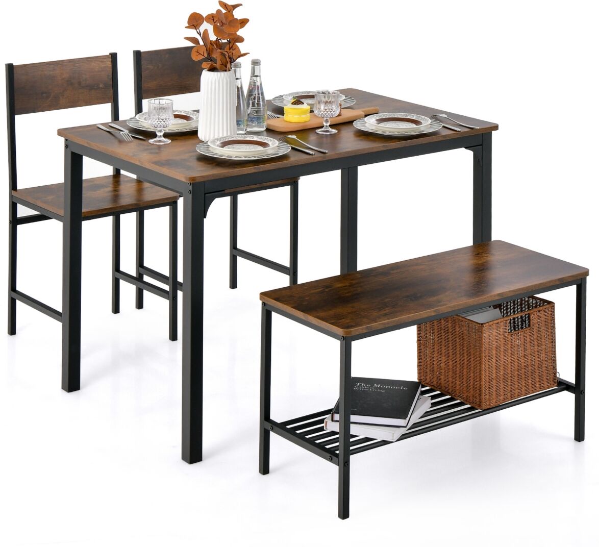 Costway 4pcs Dining Table Set Rustic Desk 2 Chairs & Bench with Storage Rack - Brown